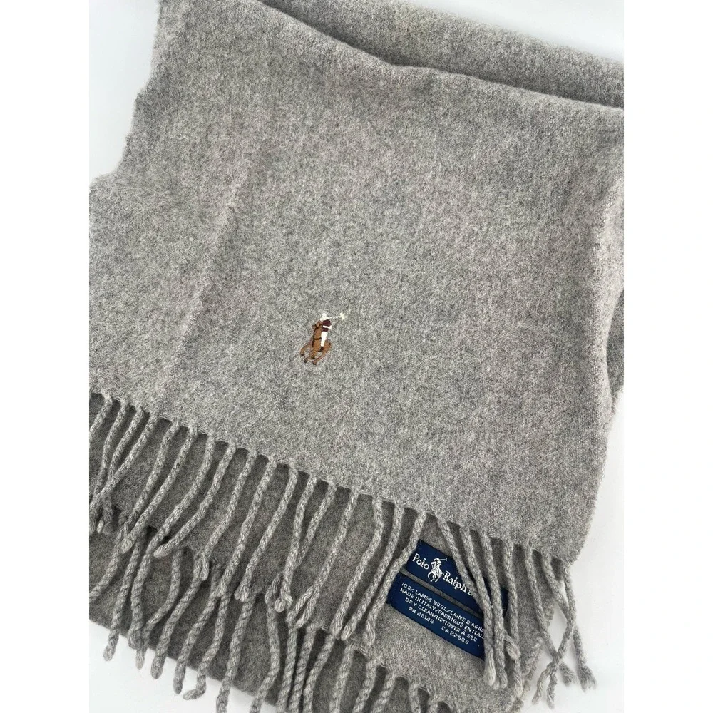 Polo Ralph Lauren Gray 100% Lambswool Fringe Scarf Italy Pony Logo